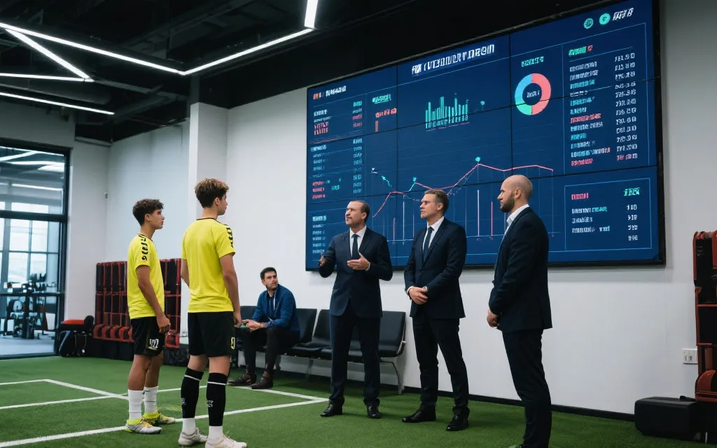 俱乐部高层与青训球员交流，数字化屏幕前的场景
